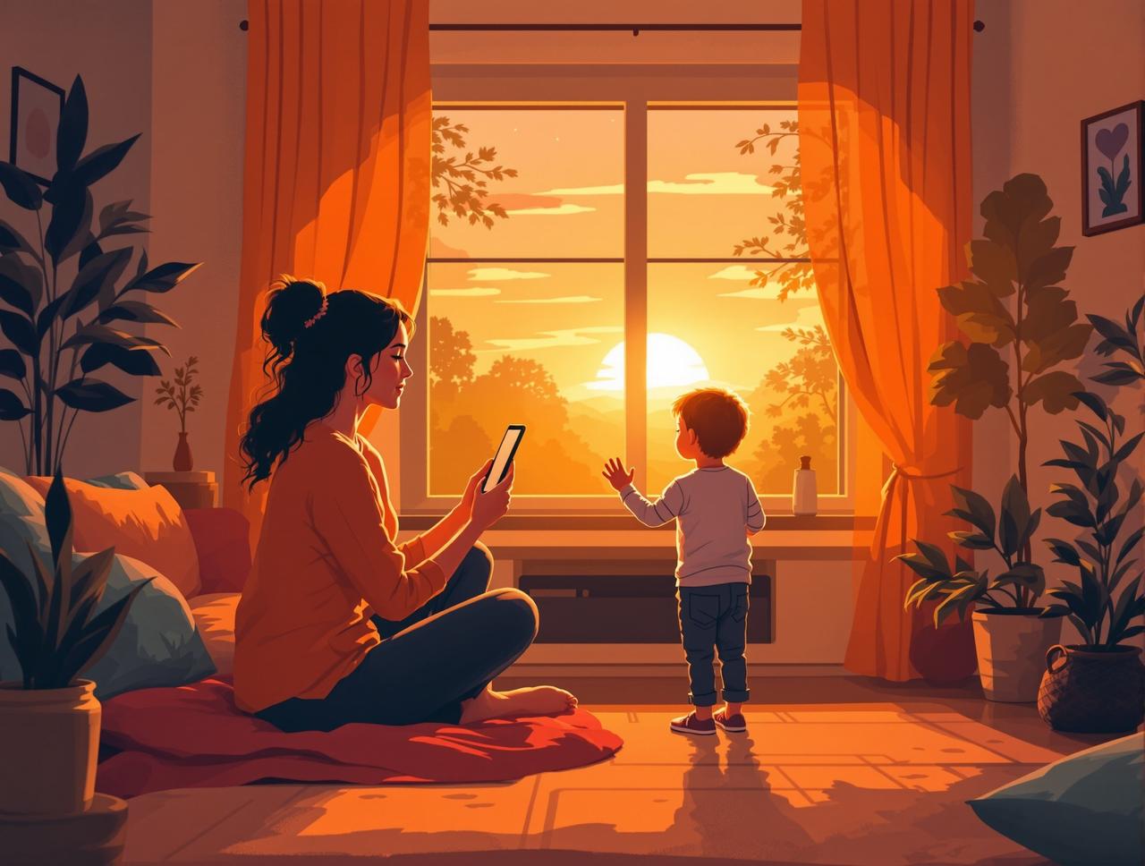 漫剧网品牌故事 - 创始人李晨曦与孩子一起观看动画片的温暖时刻